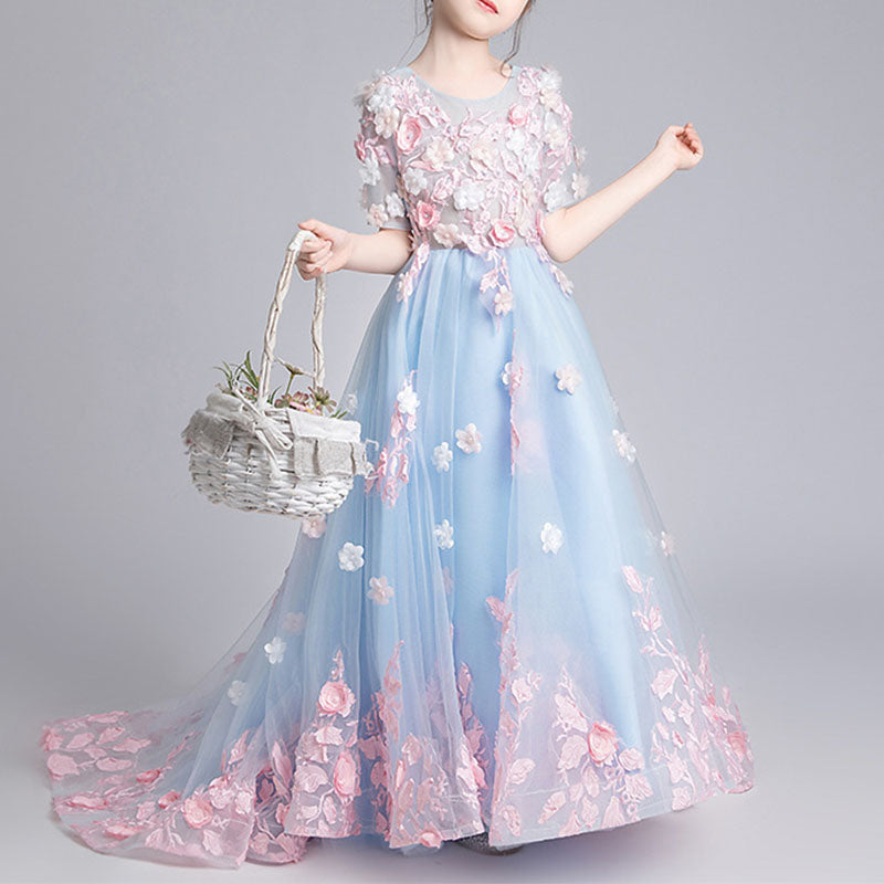 Blue Lace Tulle Princess Flower Girl Dress 1/2 Sleeve Bow