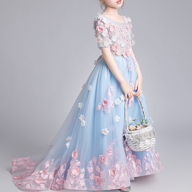 Blue Lace Tulle Princess Flower Girl Dress 1/2 Sleeve Bow
