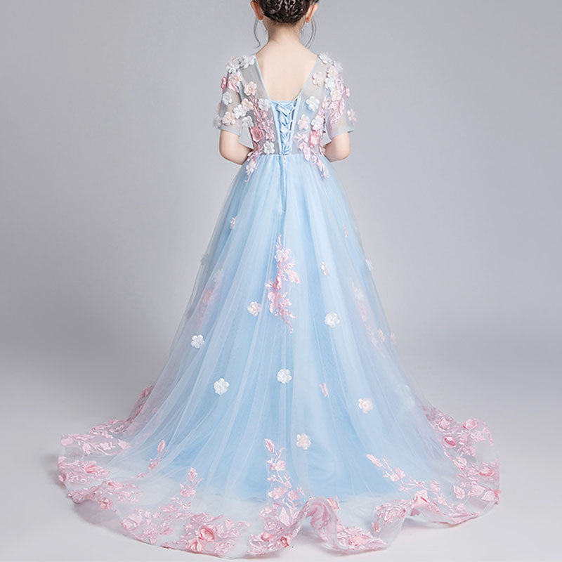 Blue Lace Tulle Princess Flower Girl Dress 1/2 Sleeve Bow