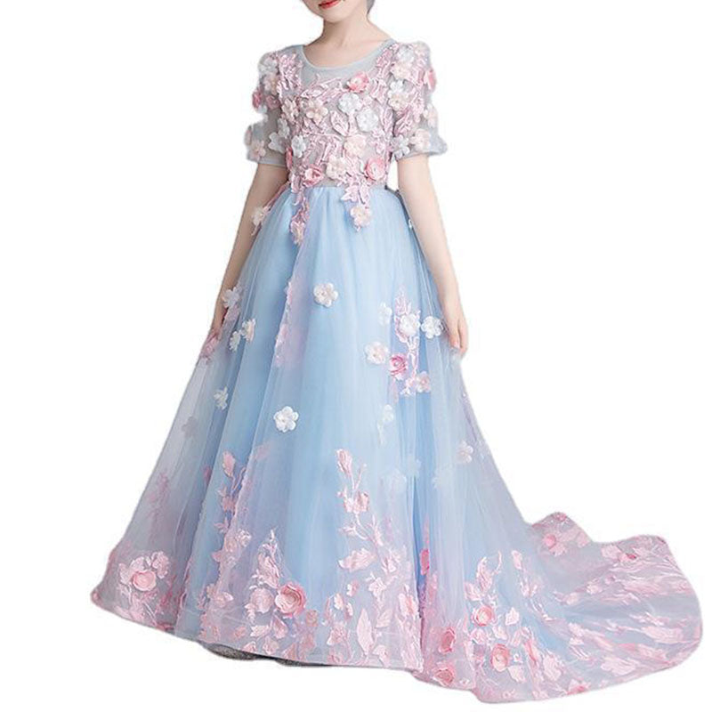 Blue Lace Tulle Princess Flower Girl Dress 1/2 Sleeve Bow