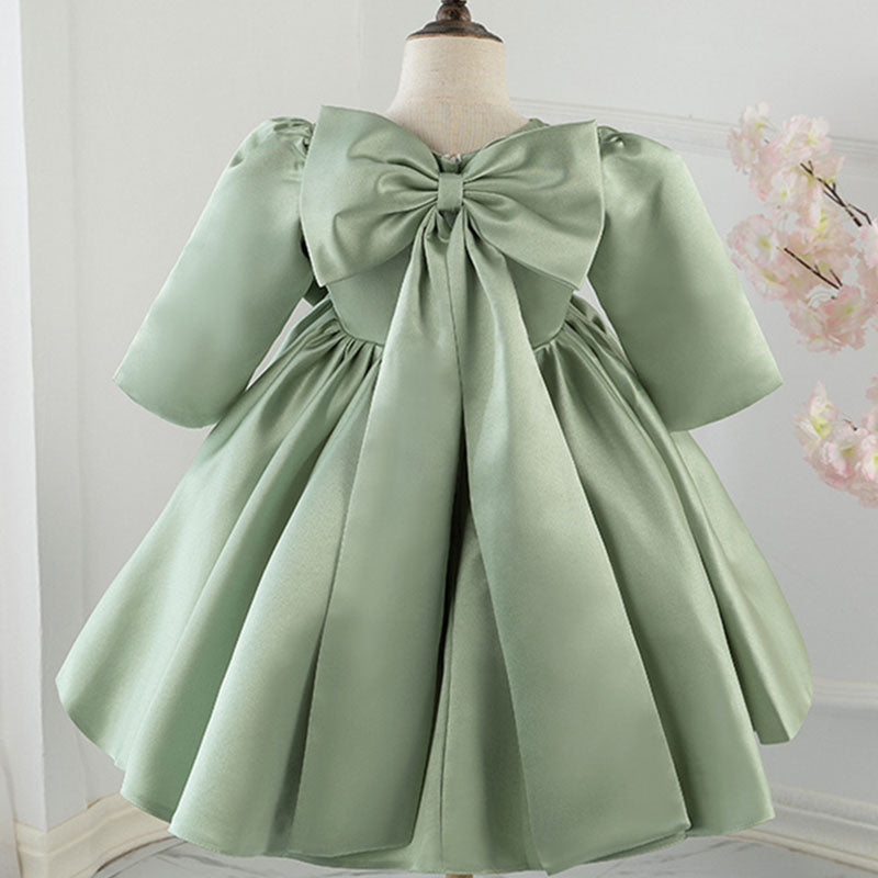 Sage Green Princess Flower Girl Dress Bow Pleated 1/2 Sleeve