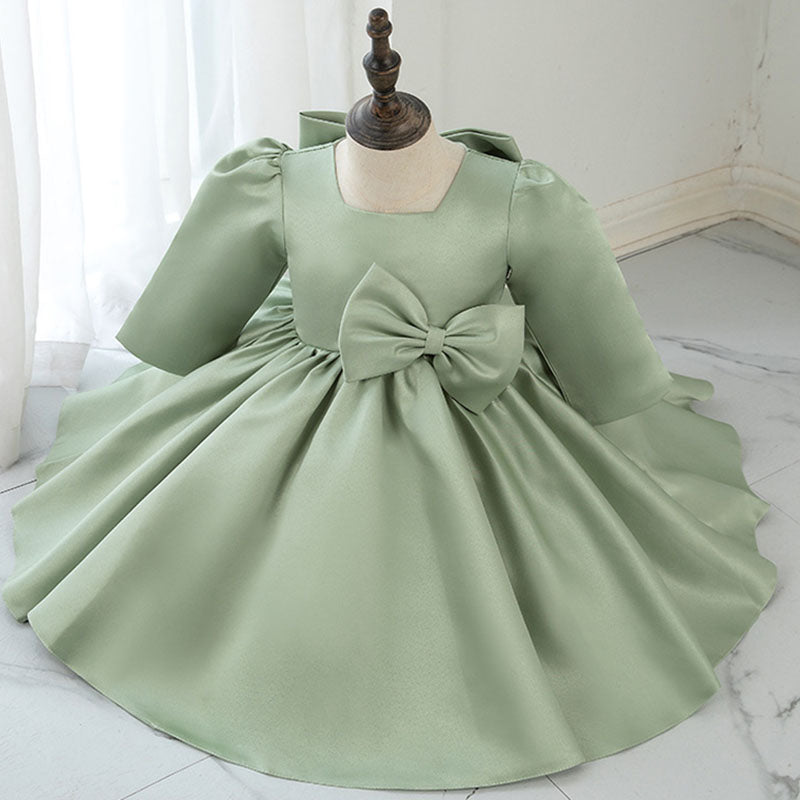 Sage Green Princess Flower Girl Dress Bow Pleated 1/2 Sleeve