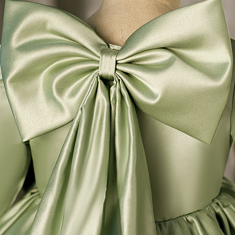 Sage Green Princess Flower Girl Dress Bow Pleated 1/2 Sleeve