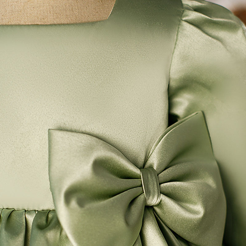 Sage Green Princess Flower Girl Dress Bow Pleated 1/2 Sleeve