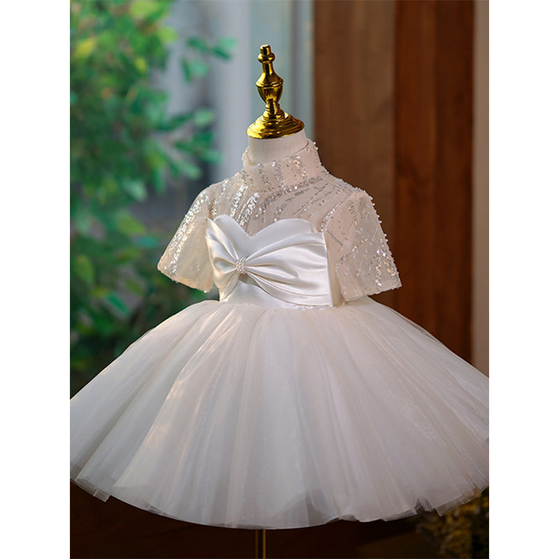 Champagne Sequin Tulle A-Line Dress with Bow & 1/2 Sleeves