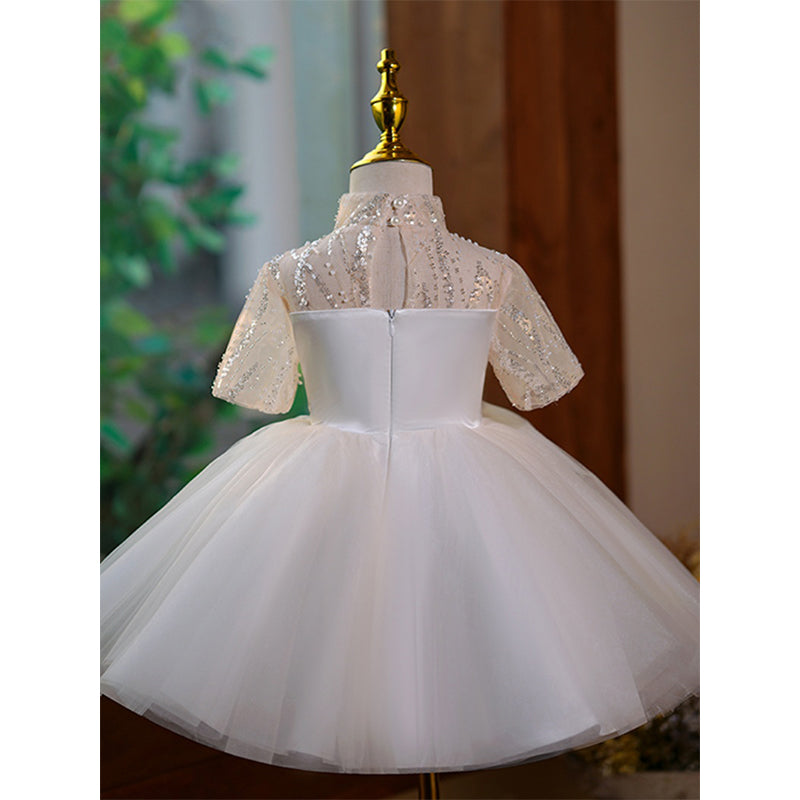 Champagne Sequin Tulle A-Line Dress with Bow & 1/2 Sleeves