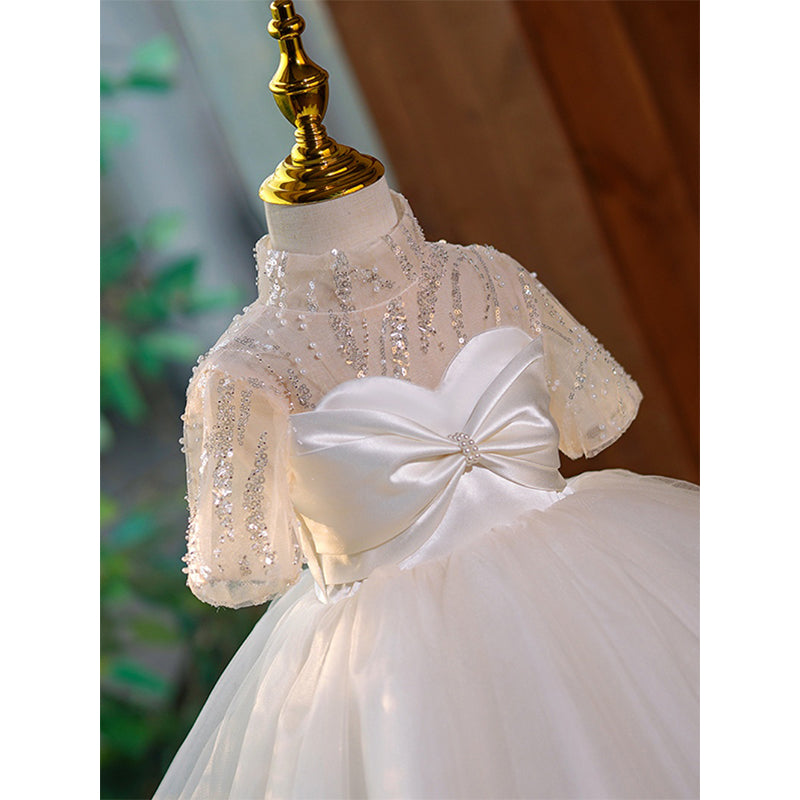 Champagne Sequin Tulle A-Line Dress with Bow & 1/2 Sleeves