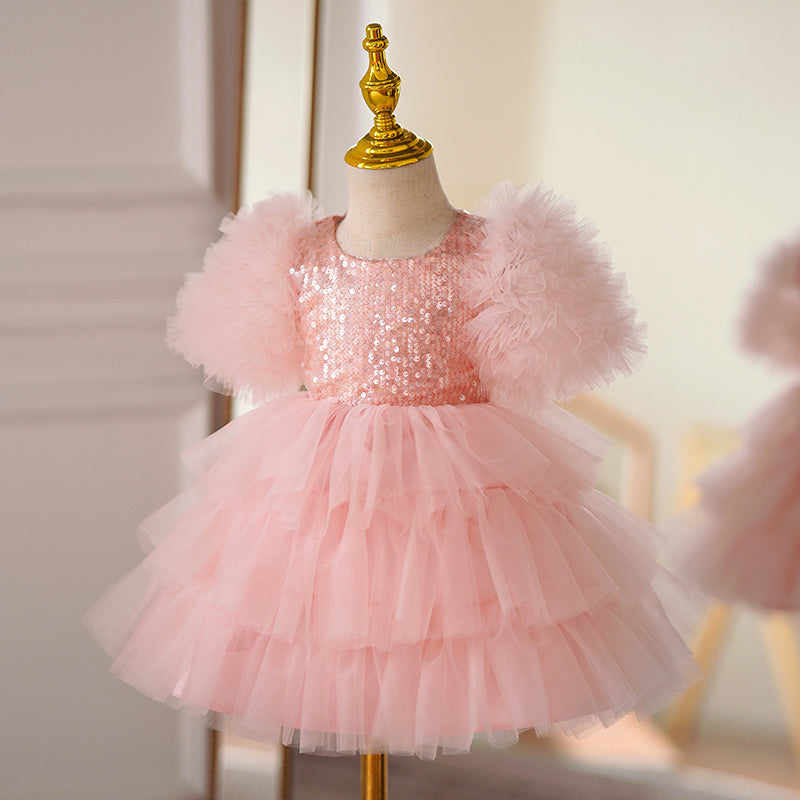 Pink Sequin Tulle A-Line Dress with Puff 1/2 Sleeves
