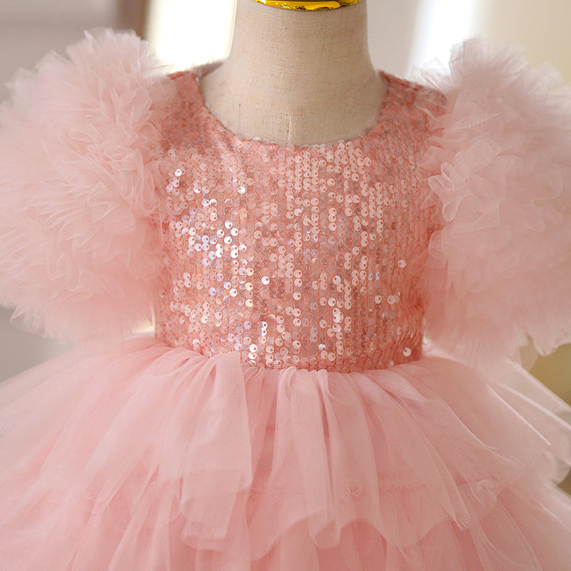 Pink Sequin Tulle A-Line Dress with Puff 1/2 Sleeves