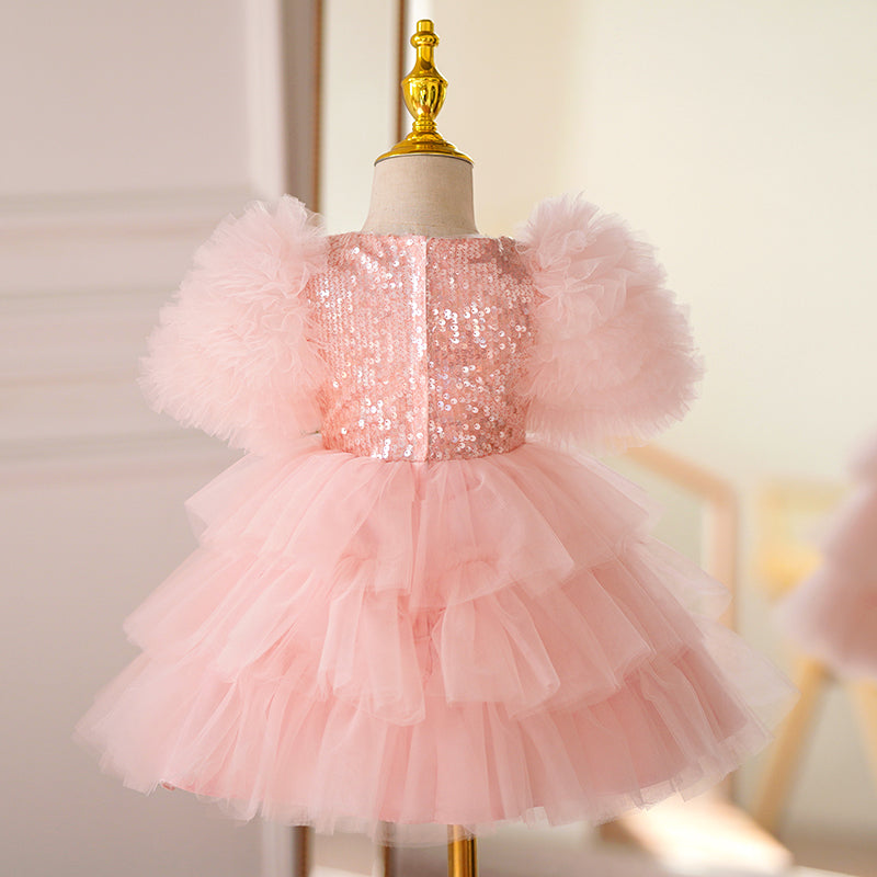 Pink Sequin Tulle A-Line Dress with Puff 1/2 Sleeves