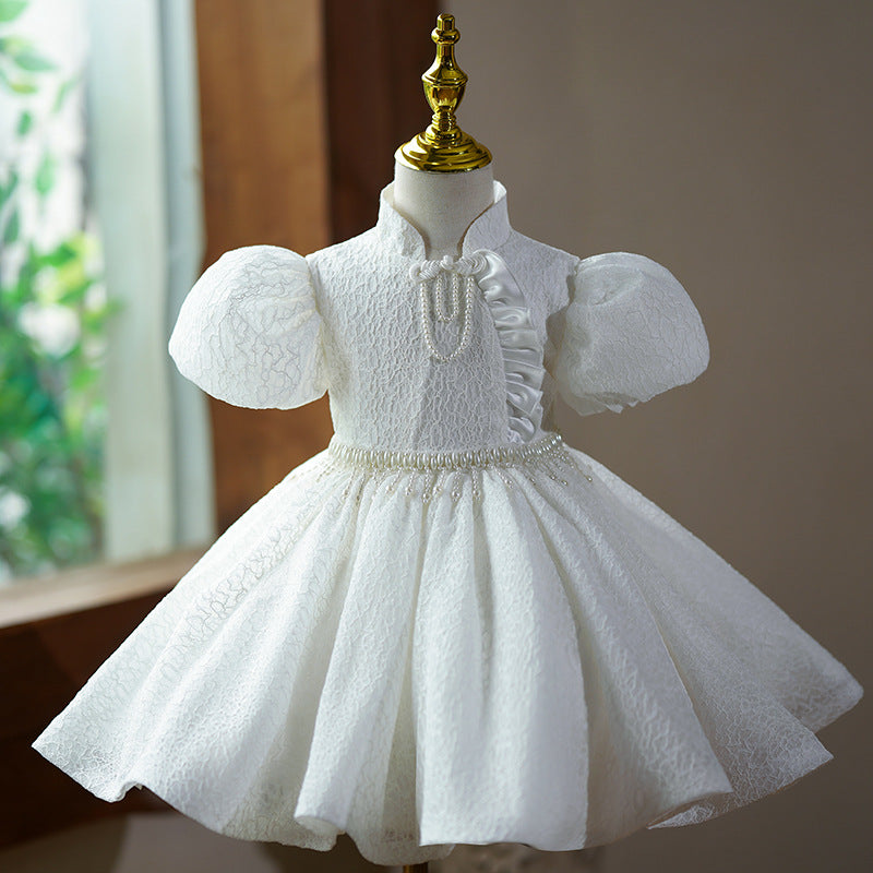 3D Puff Sleeves Pearl Pipa Knot Princess Dress for Girls - White Knee-Length Dress for Special Occasions