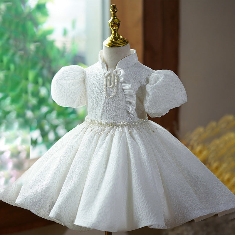 3D Puff Sleeves Pearl Pipa Knot Princess Dress for Girls - White Knee-Length Dress for Special Occasions