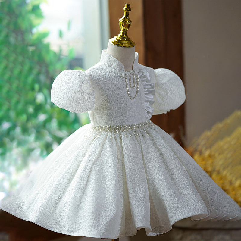 3D Puff Sleeves Pearl Pipa Knot Princess Dress for Girls - White Knee-Length Dress for Special Occasions