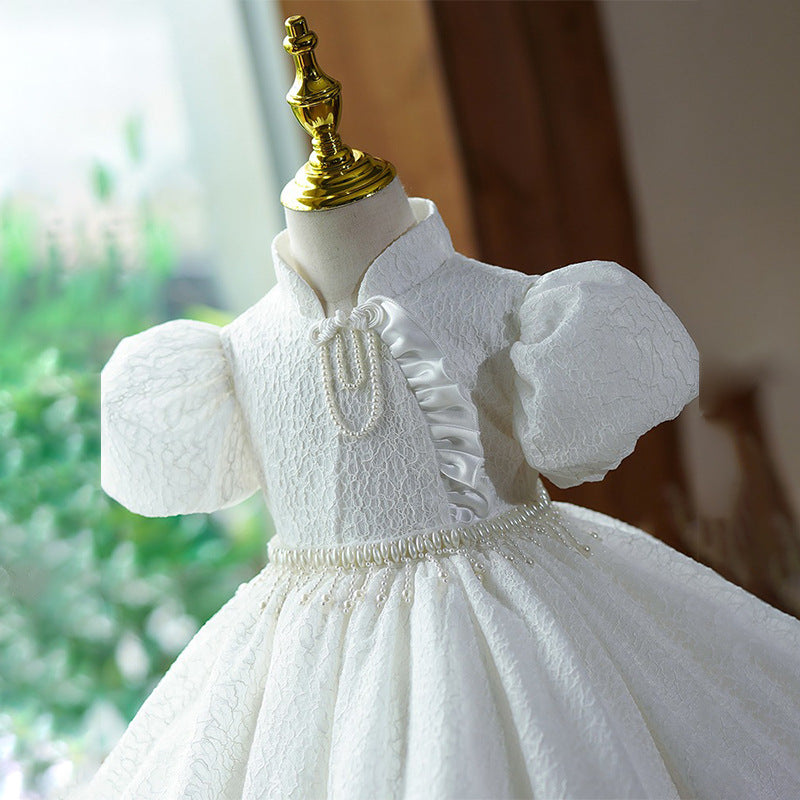 3D Puff Sleeves Pearl Pipa Knot Princess Dress for Girls - White Knee-Length Dress for Special Occasions