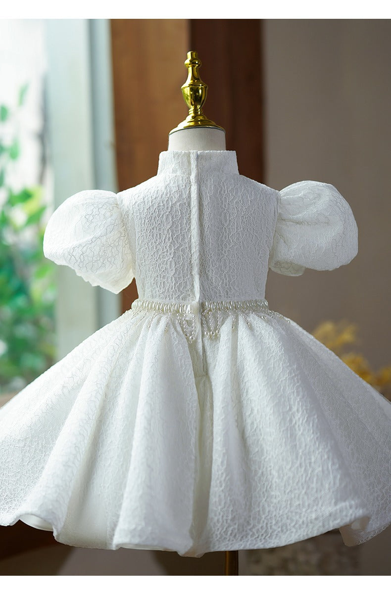 3D Puff Sleeves Pearl Pipa Knot Princess Dress for Girls - White Knee-Length Dress for Special Occasions