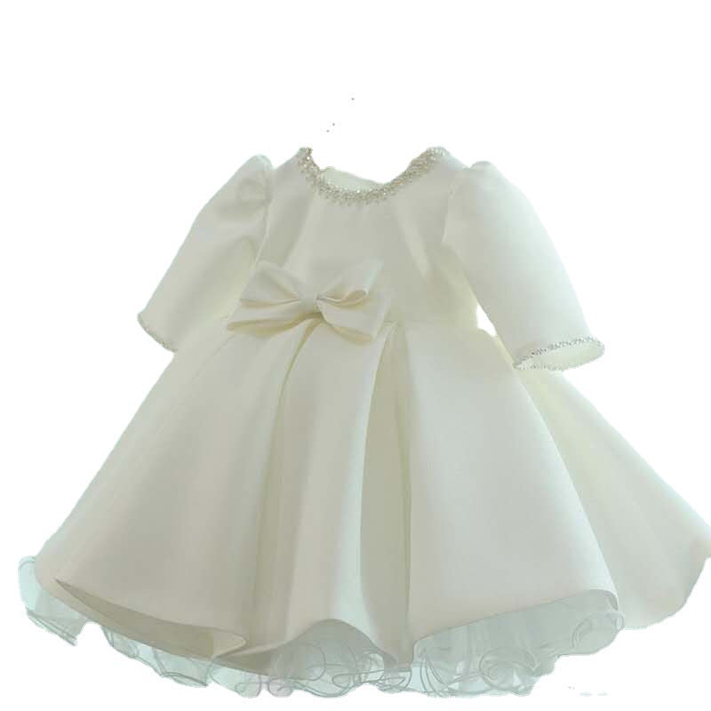 A-Line Flower Girl Dress - Satin Bodice, Organza Skirt, Bow