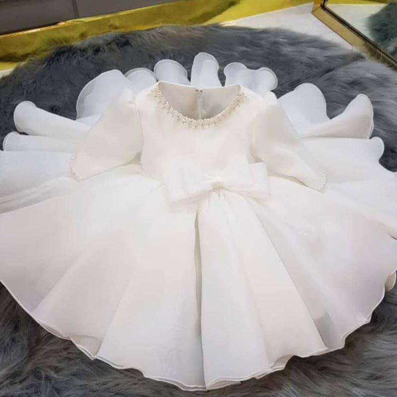 A-Line Flower Girl Dress - Satin Bodice, Organza Skirt, Bow