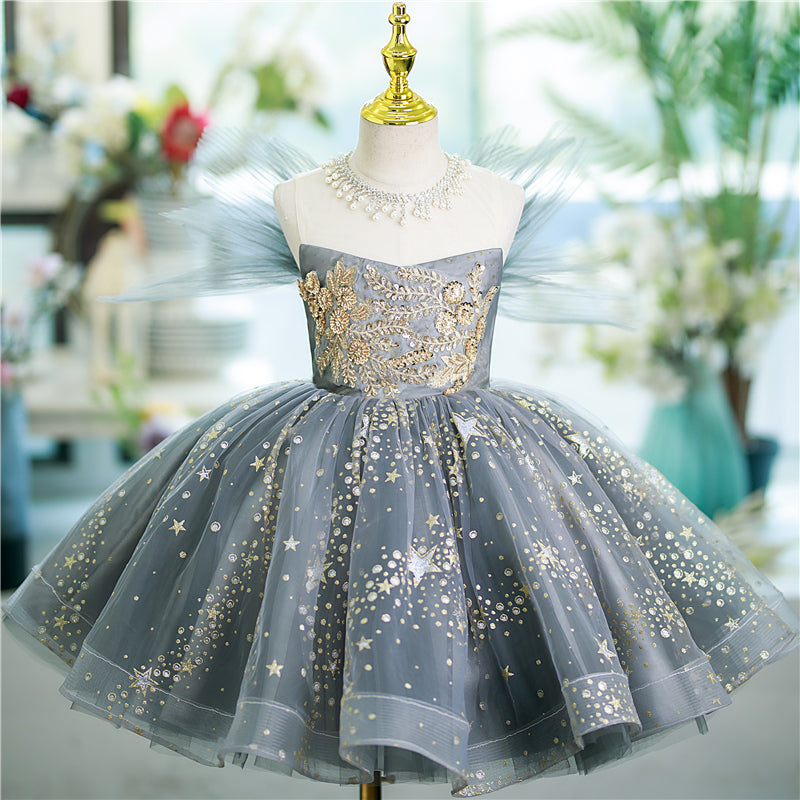 tulle dress with sequins A-Line Grey Tulle Dress with Star Sequins and Tiered Skirt for Girls | Grey / 5-6 Years (130cm)