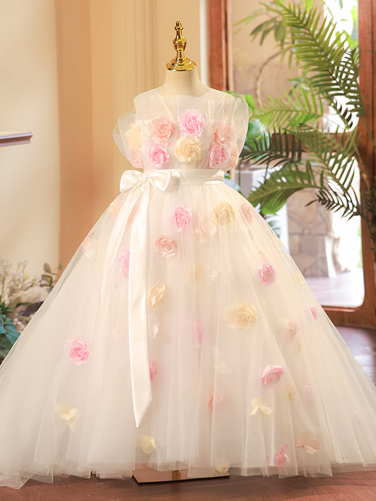 A-Line Illusion Tulle Flower Girl Dress with Train – Elegant White Kids Special Occasion Dress