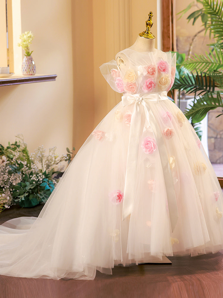 A-Line Illusion Tulle Flower Girl Dress with Train – Elegant White Kids Special Occasion Dress