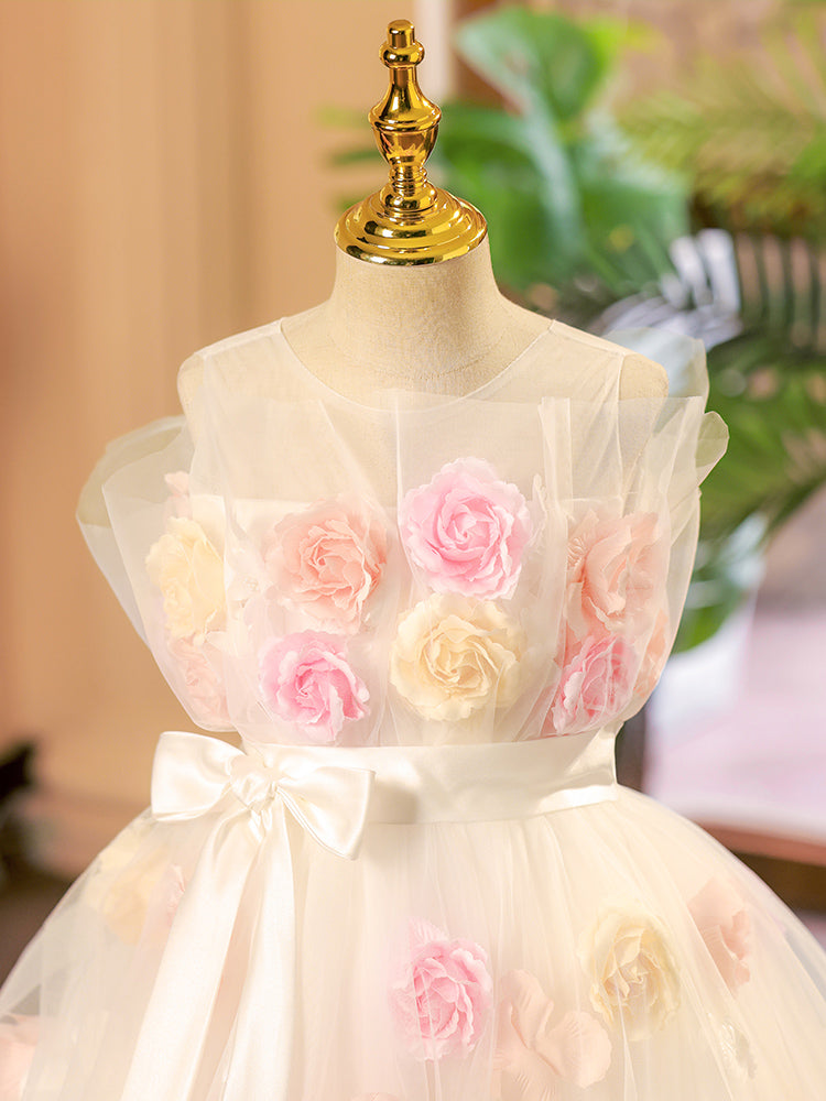 A-Line Illusion Tulle Flower Girl Dress with Train – Elegant White Kids Special Occasion Dress