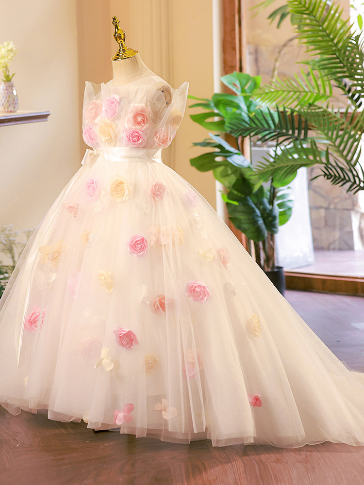 A-Line Illusion Tulle Flower Girl Dress with Train – Elegant White Kids Special Occasion Dress