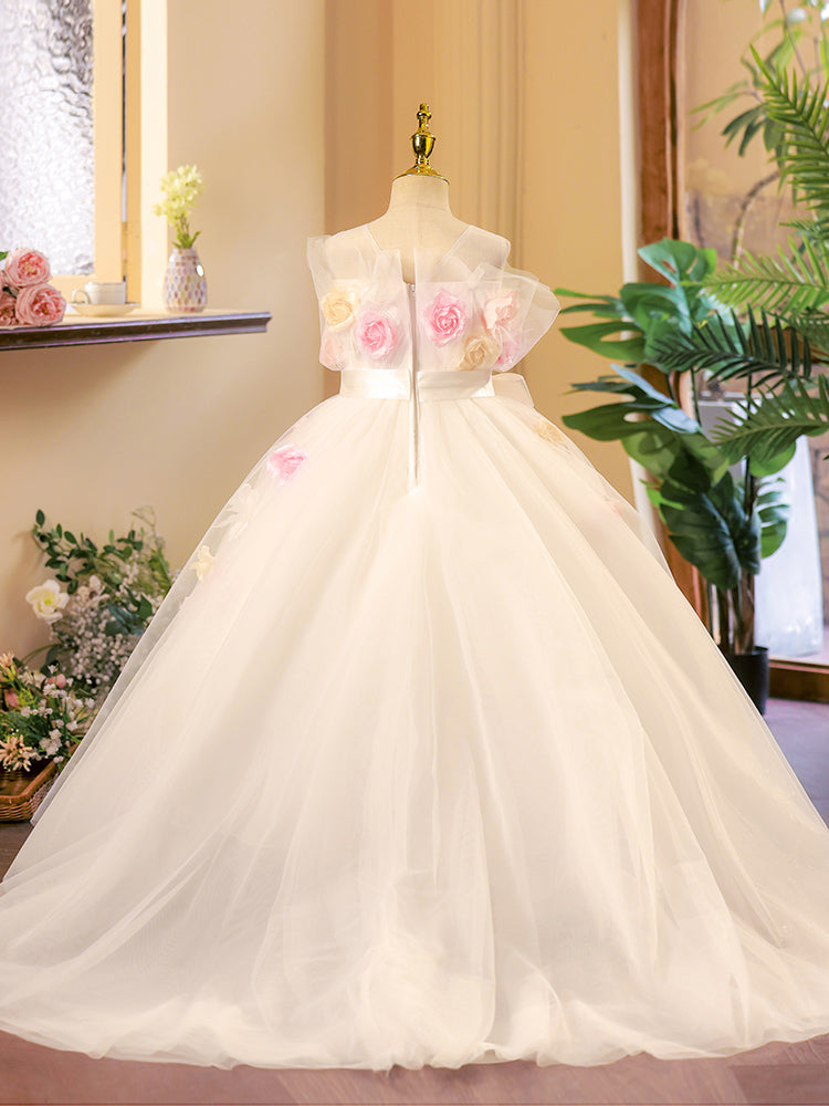 A-Line Illusion Tulle Flower Girl Dress with Train – Elegant White Kids Special Occasion Dress