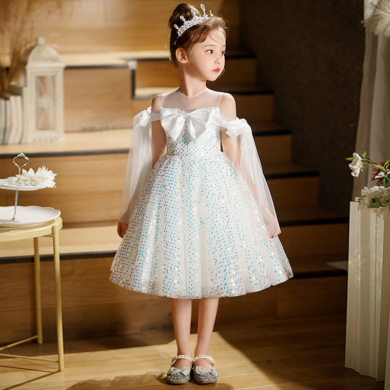 A-line Illusion Neckline Sequined Flower Girl Dress for Special Occasions | Luxury Princess Dress
