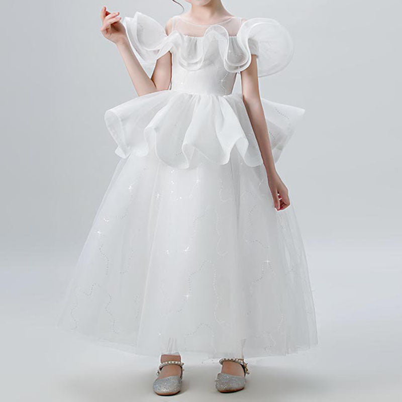 A-Line Illusion Sleeveless Tea Length Tiered Girls Dress - Special Occasion & Party Wear