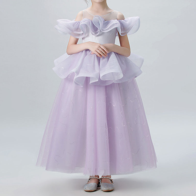 A-Line Illusion Sleeveless Tea Length Tiered Girls Dress - Special Occasion & Party Wear
