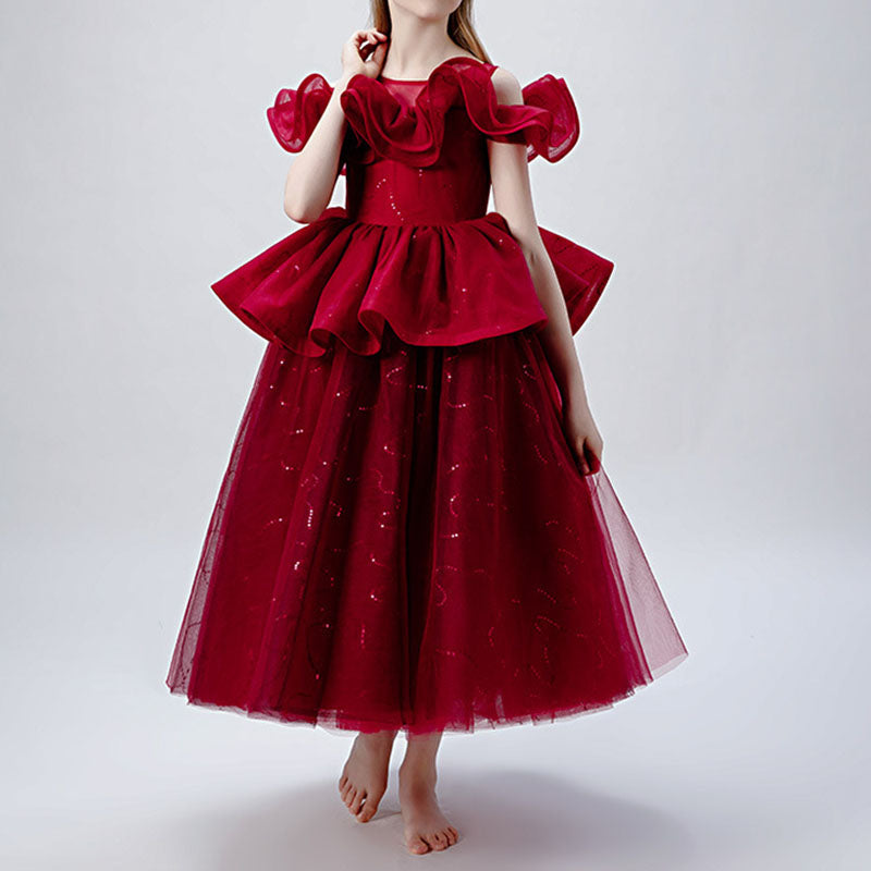 A-Line Illusion Sleeveless Tea Length Tiered Girls Dress - Special Occasion & Party Wear