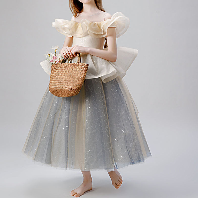 A-Line Illusion Sleeveless Tea Length Tiered Girls Dress - Special Occasion & Party Wear