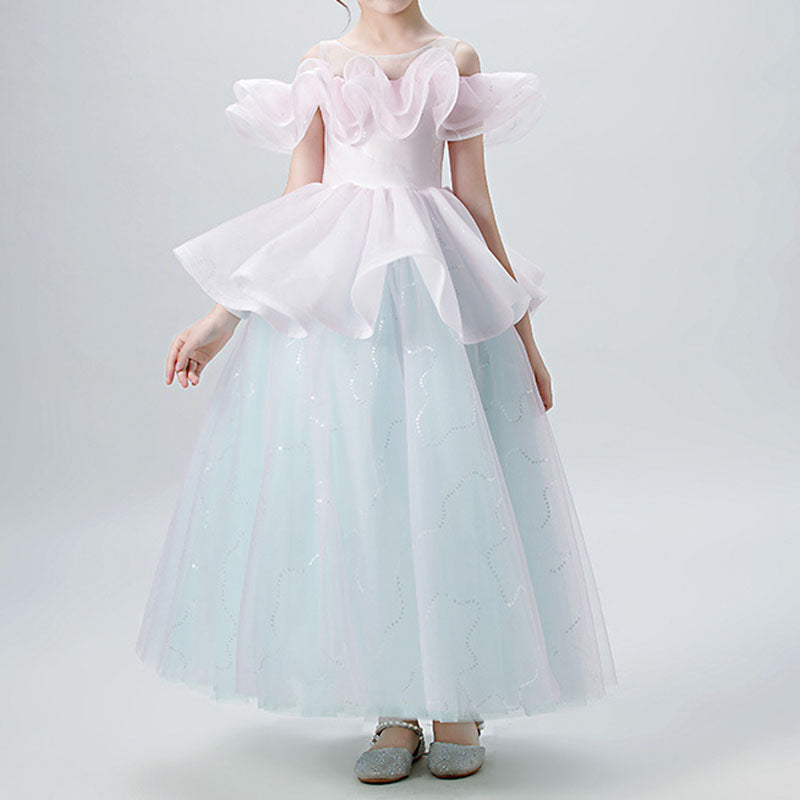 A-Line Illusion Sleeveless Tea Length Tiered Girls Dress - Special Occasion & Party Wear