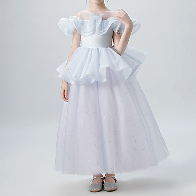 A-Line Illusion Sleeveless Tea Length Tiered Girls Dress - Special Occasion & Party Wear