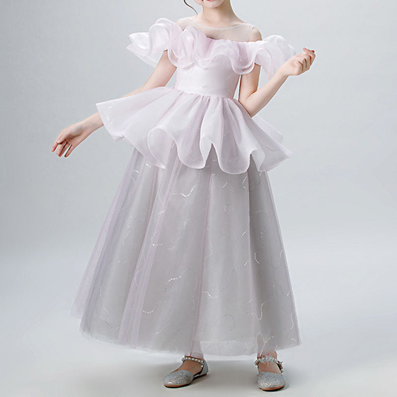 A-Line Illusion Sleeveless Tea Length Tiered Girls Dress - Special Occasion & Party Wear