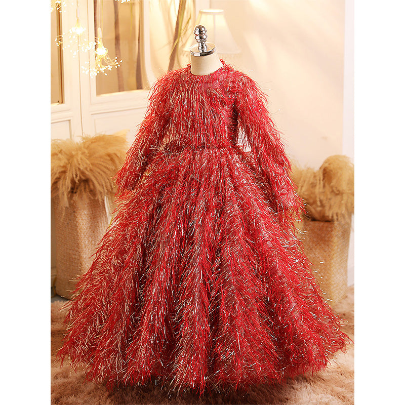 A-Line Long Sleeve Floor-Length Toddler Dress with Fringe for Special Occasions