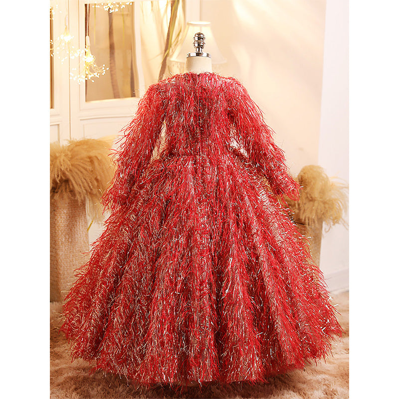 A-Line Long Sleeve Floor-Length Toddler Dress with Fringe for Special Occasions