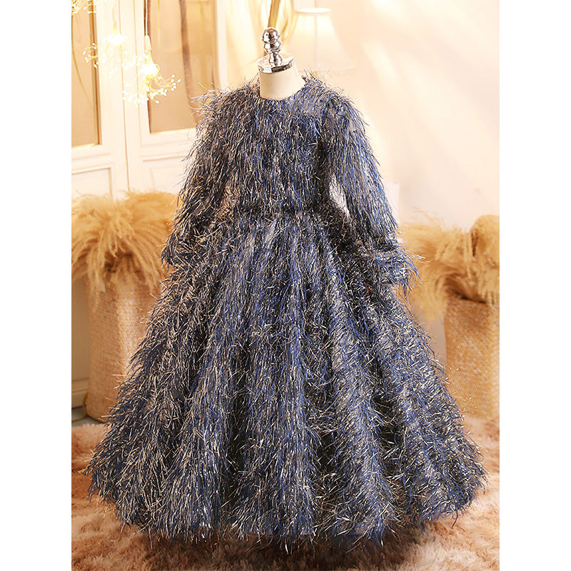 A-Line Long Sleeve Floor-Length Toddler Dress with Fringe for Special Occasions