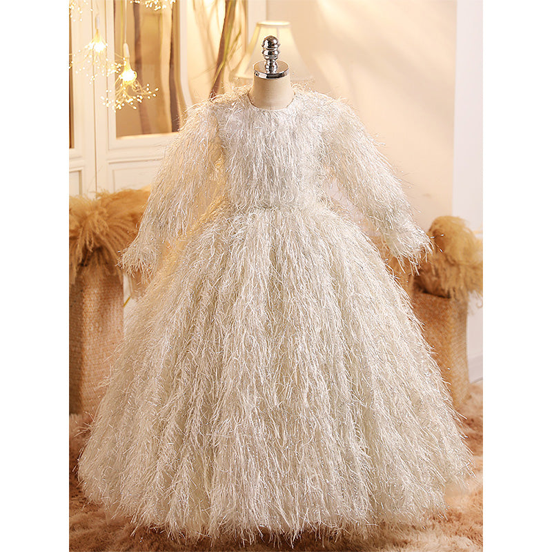 A-Line Long Sleeve Floor-Length Toddler Dress with Fringe for Special Occasions