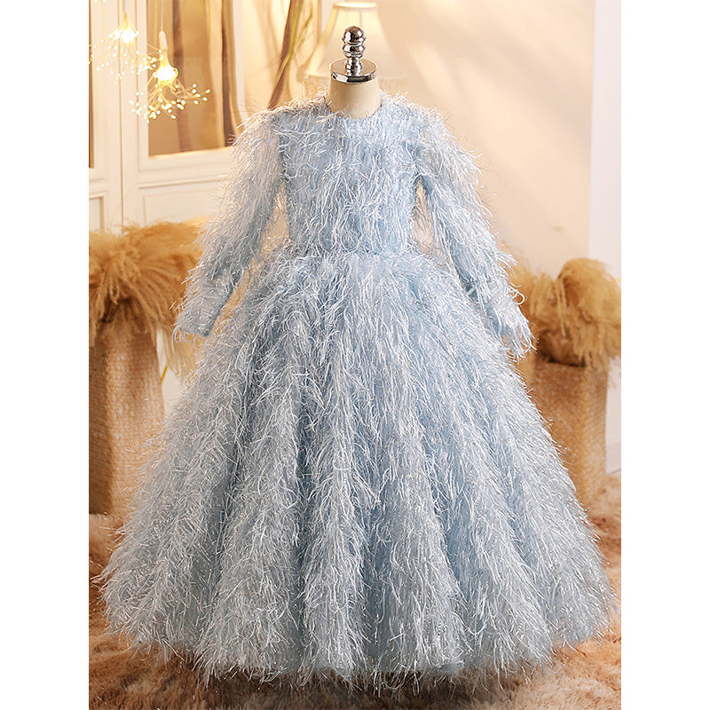 A-Line Long Sleeve Floor-Length Toddler Dress with Fringe for Special Occasions