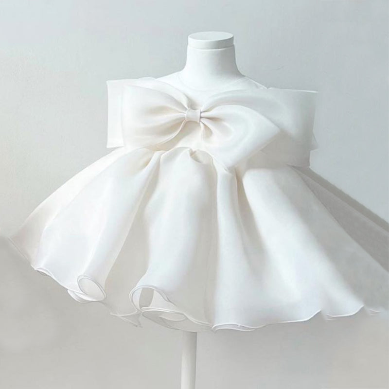 A-Line Sleeveless Organza Flower Girl Dress with Bow – Knee Length Special Occasion Outfit