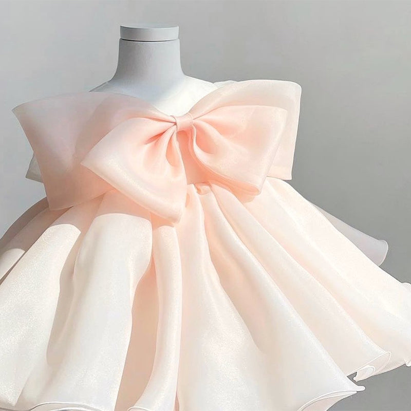 A-Line Sleeveless Organza Flower Girl Dress with Bow – Knee Length Special Occasion Outfit