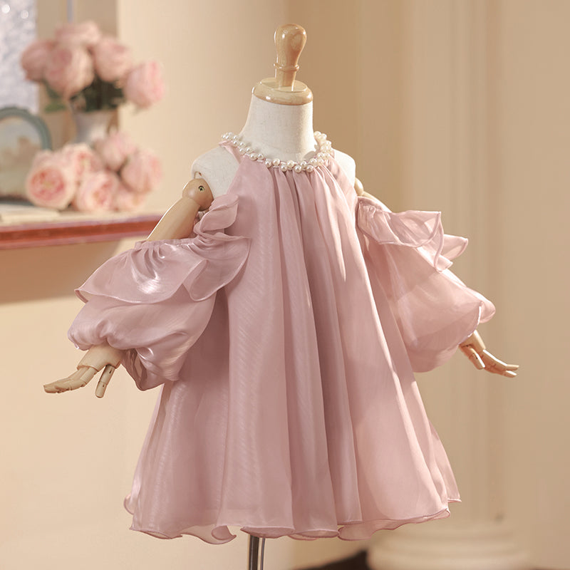 Pink A-Line Organza Beaded Flower Girl Dress – Kids Birthday & Special Occasion