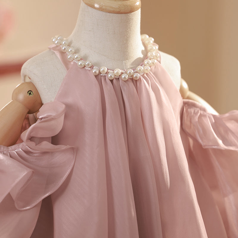Pink A-Line Organza Beaded Flower Girl Dress – Kids Birthday & Special Occasion