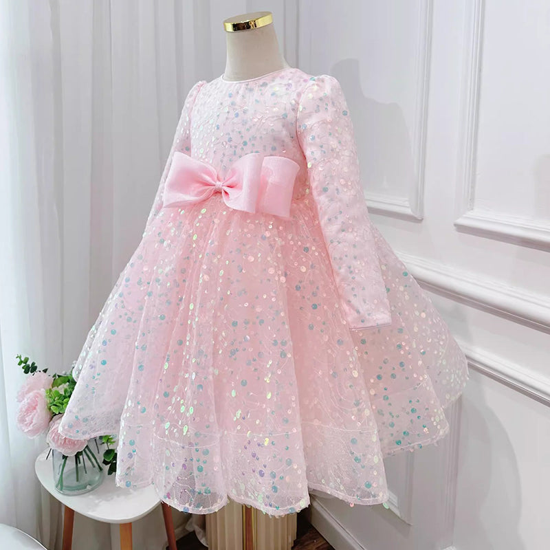 A-Line Pink Sequin Floor Length Long Sleeve Dress for Girls with Bow