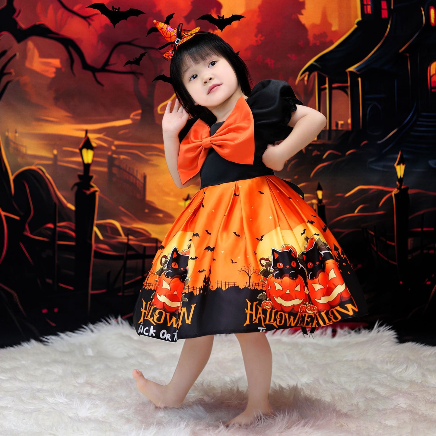 Orange Princess Halloween Costume Dress for Girls – Satin Bow Ruffle Party Outfit