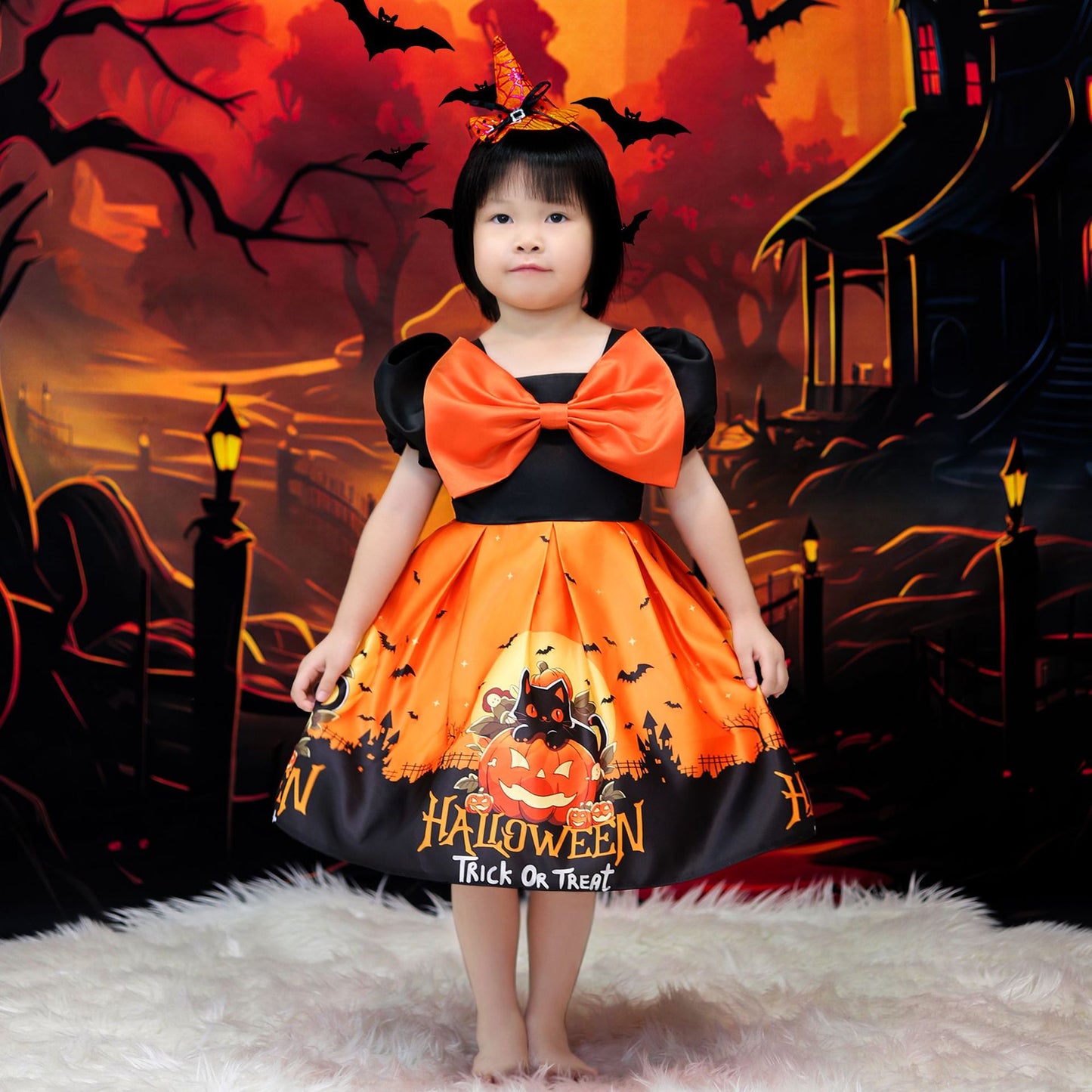 Orange Princess Halloween Costume Dress for Girls – Satin Bow Ruffle Party Outfit