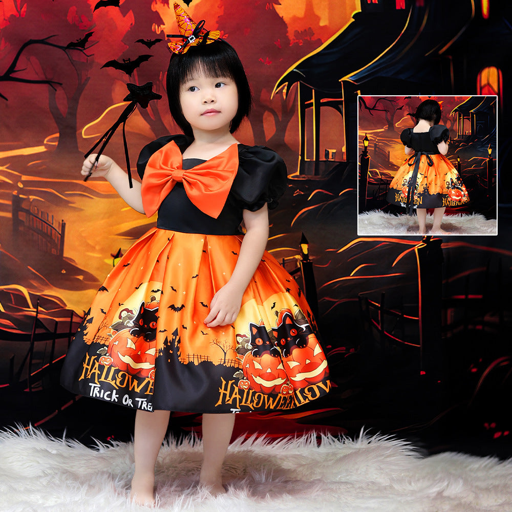 Orange Princess Halloween Costume Dress for Girls – Satin Bow Ruffle Party Outfit