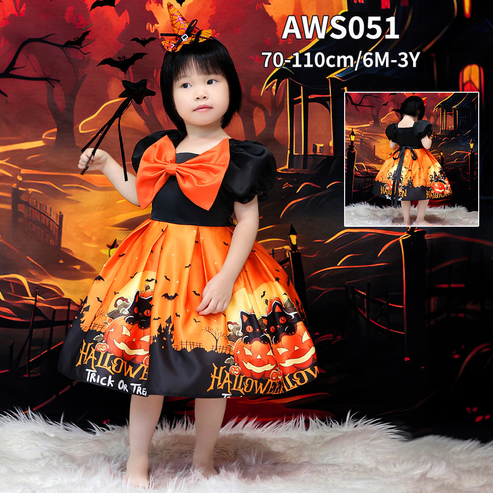 Orange Princess Halloween Costume Dress for Girls – Satin Bow Ruffle Party Outfit