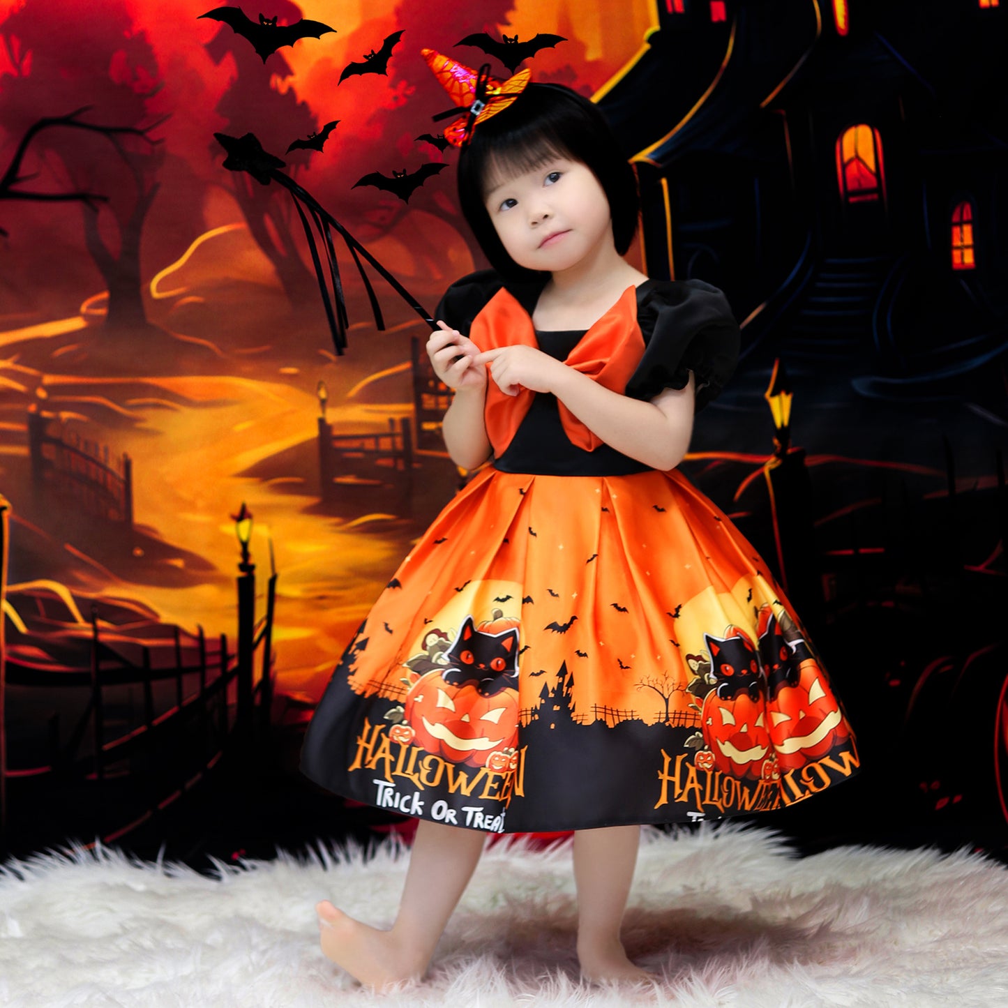 Orange Princess Halloween Costume Dress for Girls – Satin Bow Ruffle Party Outfit